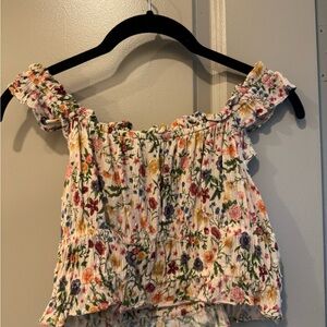 Floral Off-Shoulder Smocked Crop Top - Tan Multi